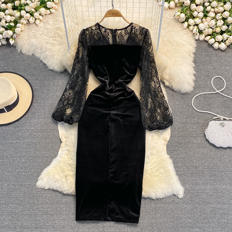 Temperament golden velvet bottomed Hip Wrap Dress Dress 3780