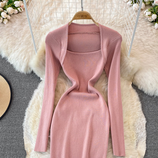 Square neck tight elastic knitted dress 3758