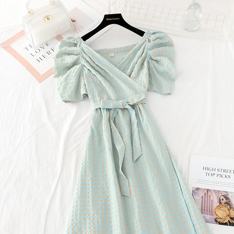 One piece dress with slim waist Cotton Linen Skirt French dress 4171
