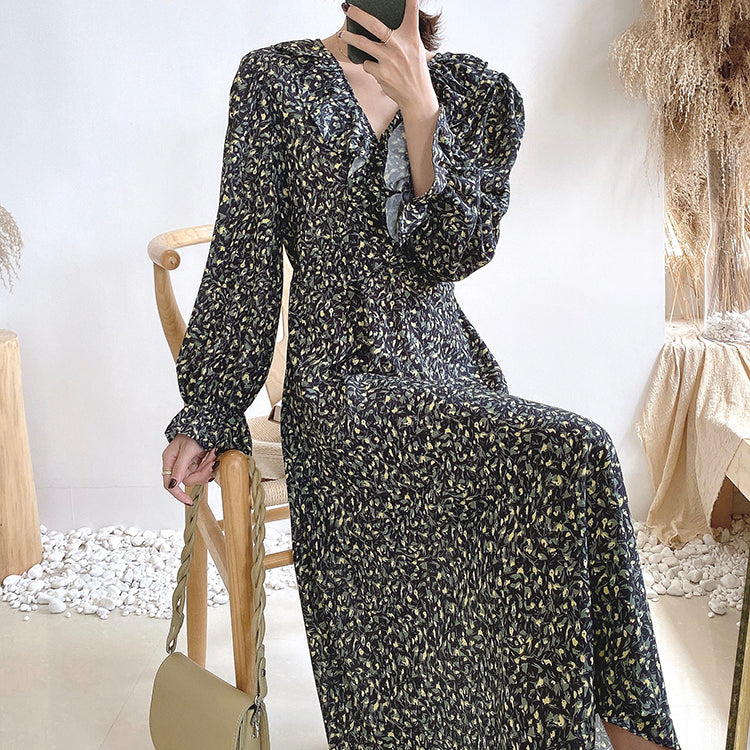 V-neck waist closing thin lotus leaf sleeve Floral Chiffon gentle wind dress 3912