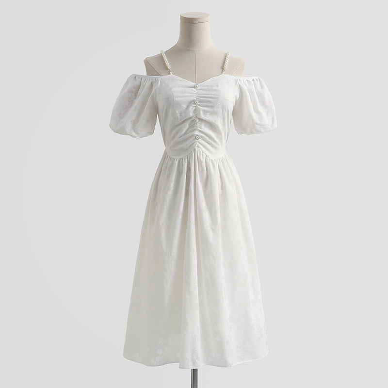 French off shoulder suspender cotton linen dress 4293