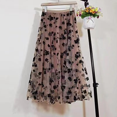 New skirt, flocking flower embroidered mesh gauze skirt 3697