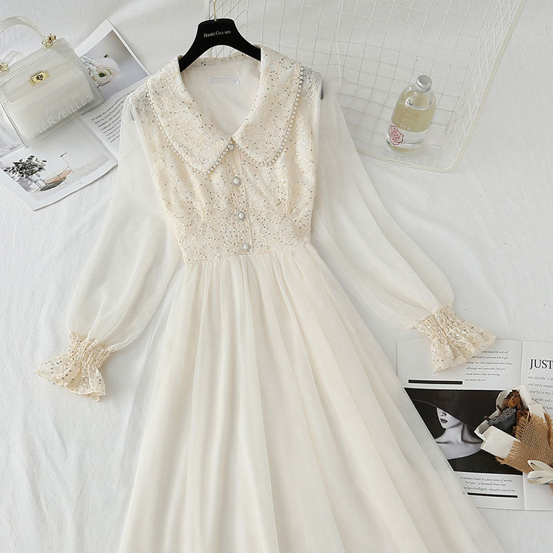 Sequin lace dress doll neck French gauze Fairy Dress 4433