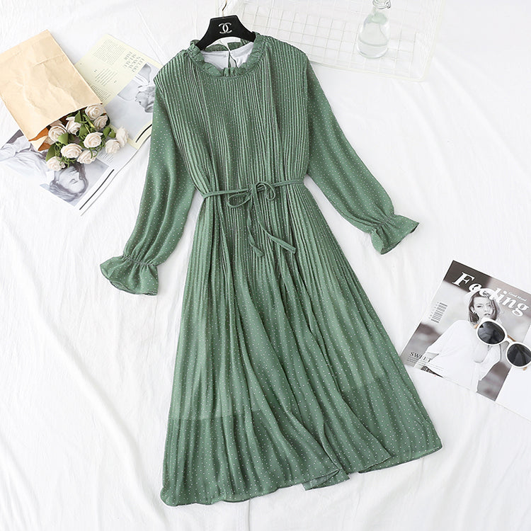 Gentle wind French retro wave point chiffon dress women 3986