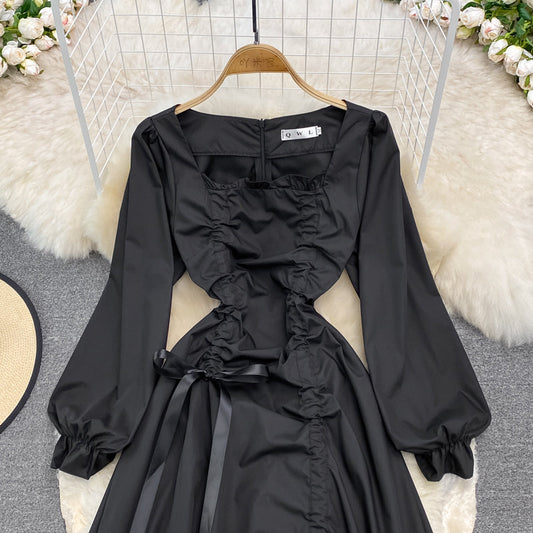 Bubble sleeve square neck dress waist strap black small foreign skirt 3789