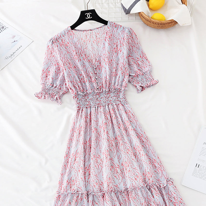 The new waist is slim, Bubble Sleeve Chiffon Skirt, French retro long skirt 4594