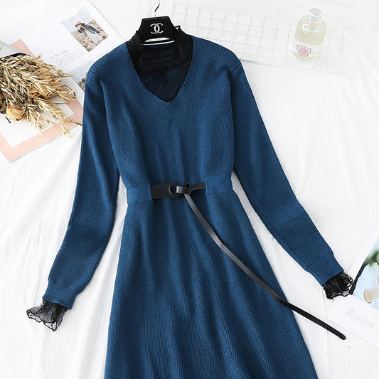 Knitted dress lace backing fake two skirts 4493