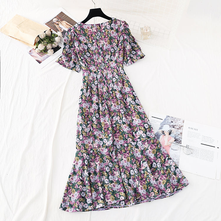 The new waist is slim, French retro Chiffon oil painting fishtail skirt 4585