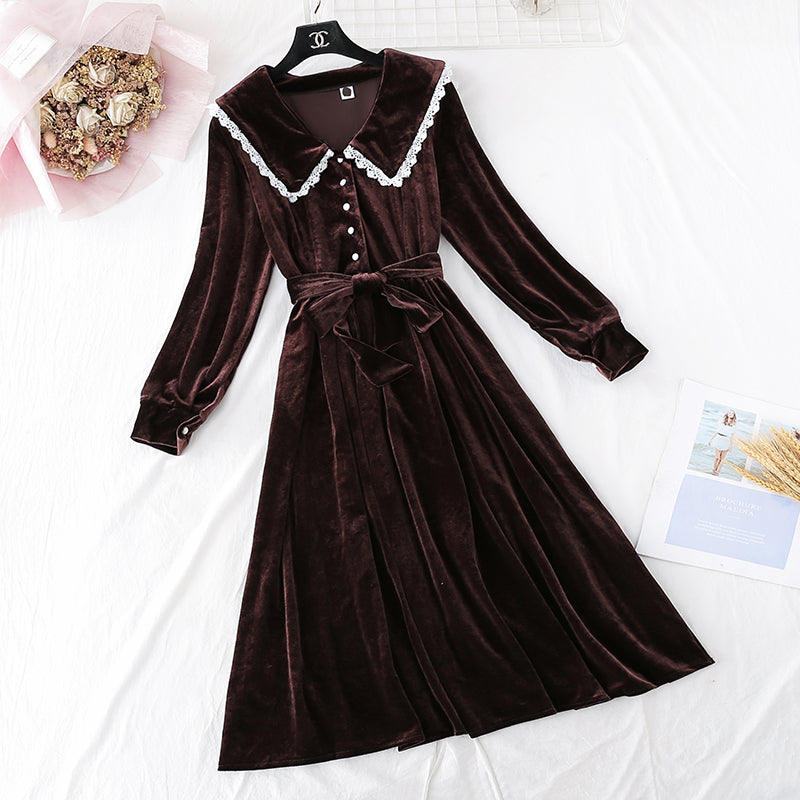 French retro golden velvet dress super xiansen long skirt 4499