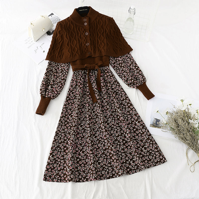 Corduroy stitched knitted dress 4076