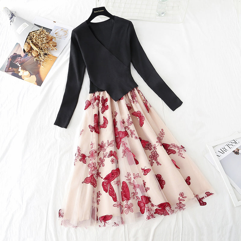Irregular knit stitching fake two-piece mesh Butterfly Embroidery skirt female 3933
