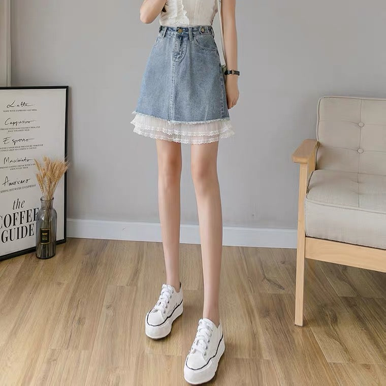 New, high-waisted denim patchwork A-line skirt, casual skirt 3606