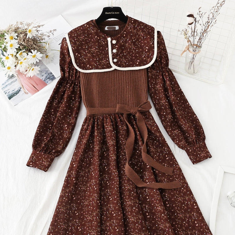 Lapel patchwork floral dress versatile aging skirt 4070