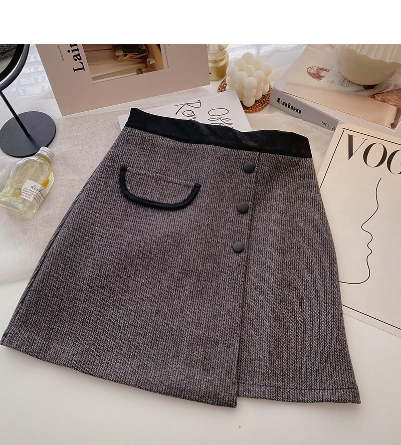 New Korean casual retro design button high waist color blocking a-word skirt 5333