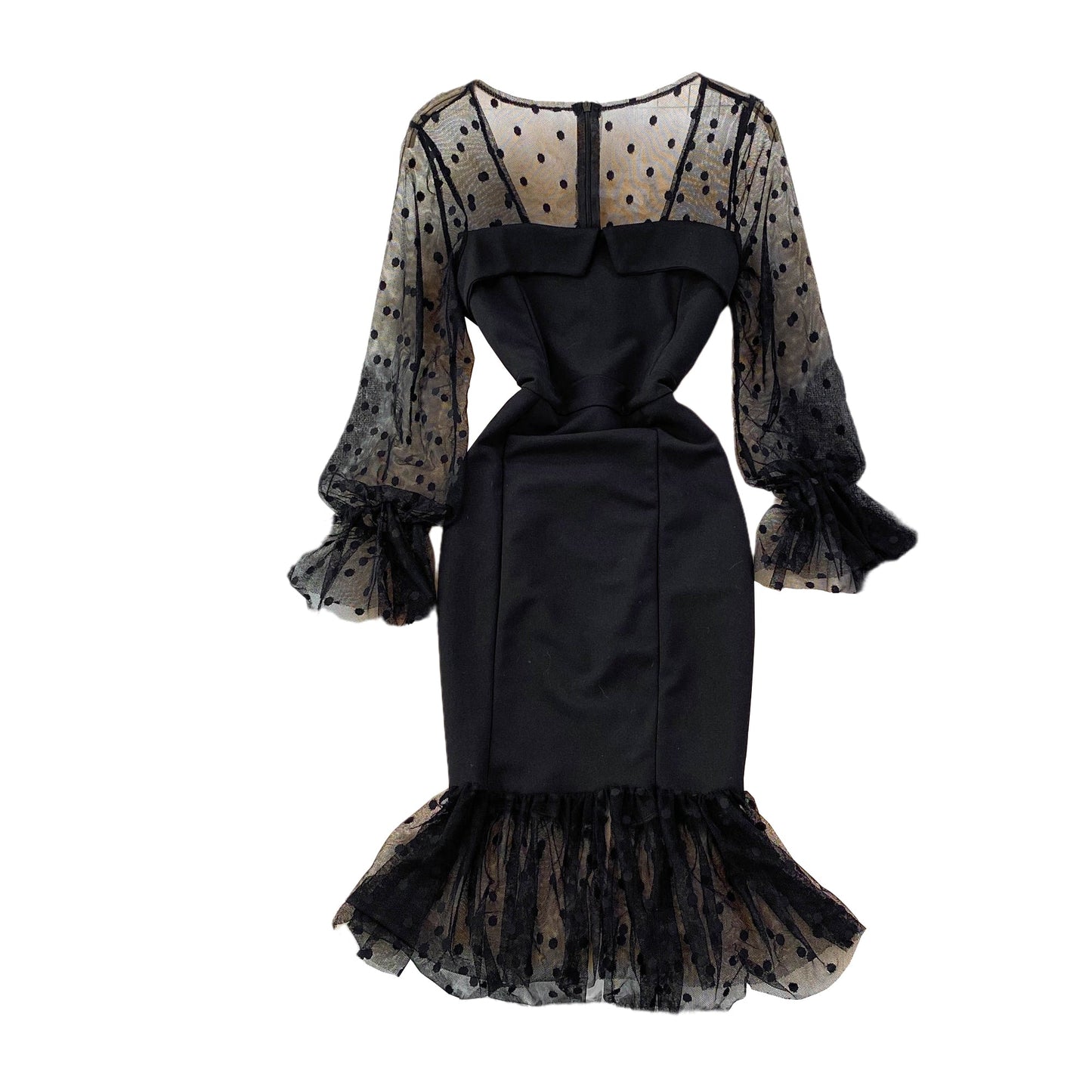 Fashion mesh wave point splicing square neck temperament retro dress 3775