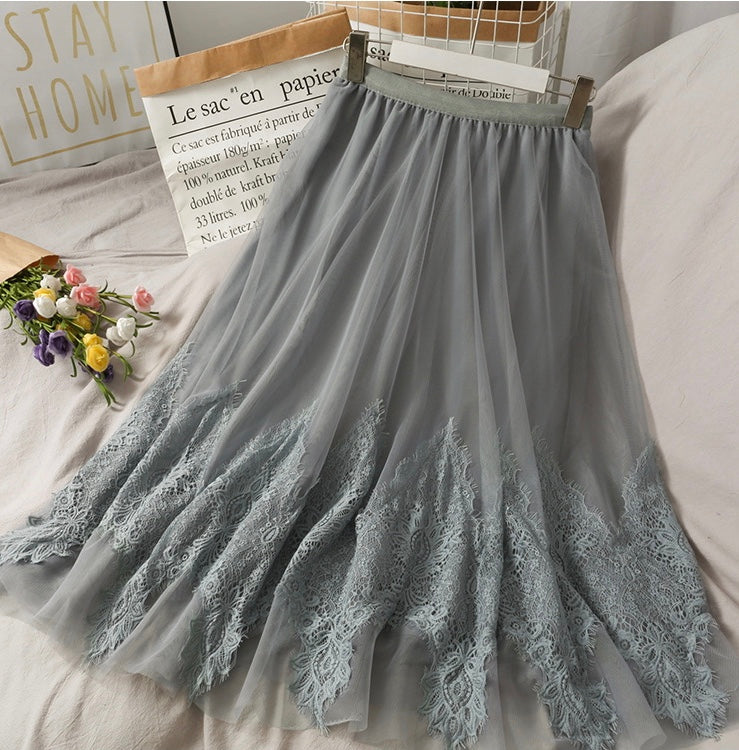 Sweet wind, embroidered medium length, high waist lace skirt 3617