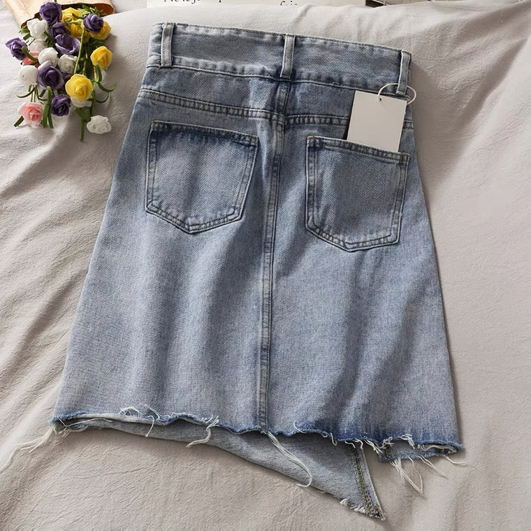 Irregular split edge light colored denim skirt, summer chic, hip wrap A-line skirt 3665