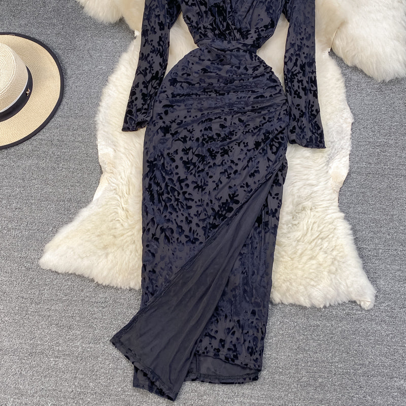 Slim, thin, split temperament, bronzed print V-neck dress 3767