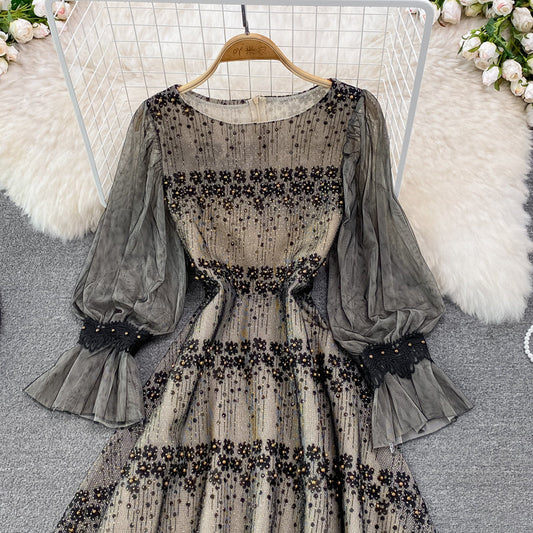 Chiffon stitched crew neck hollowed out embroidery lace dress 3776