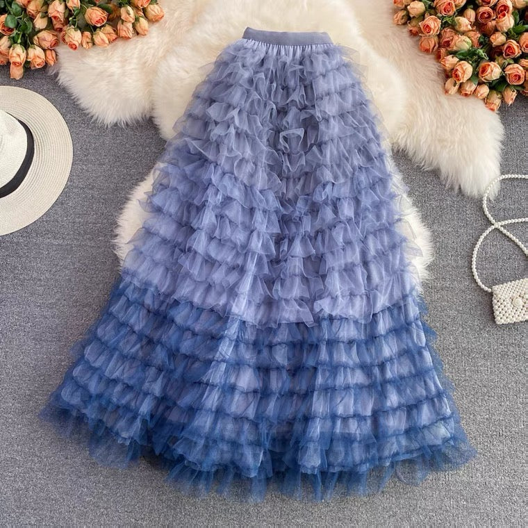 Fairy skirt pleated mesh skirt, versatile, long midi skirt, elastic waist, layer cake skirt, elegant skirt 3530