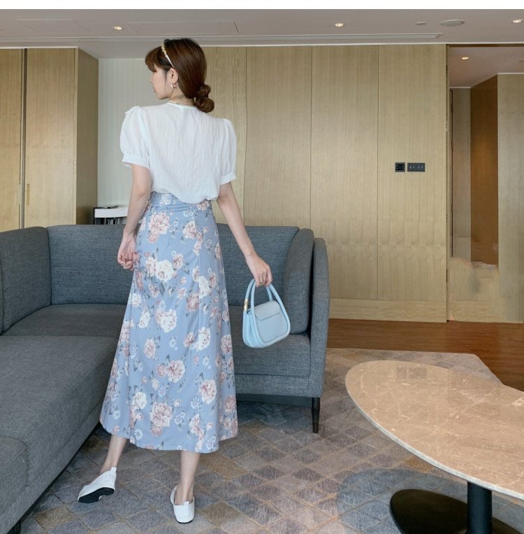 New style, temperament, midi split skirt, long floral A-line skirt 3552