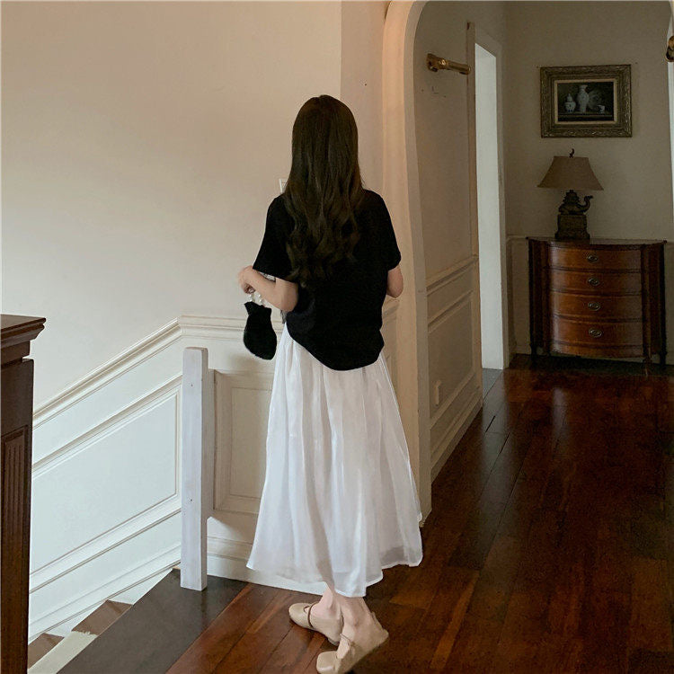 White midi skirt, high waist A-line skirt 3648