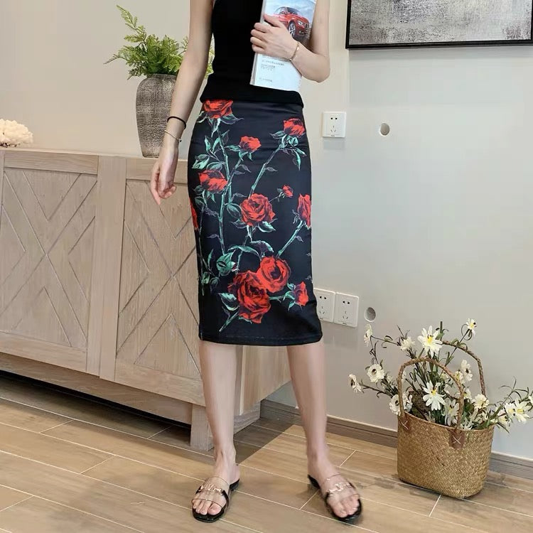 Vintage, ethnic style, high waist slim skirt, summer, new style, flower print bodycon stretch skirt 3534