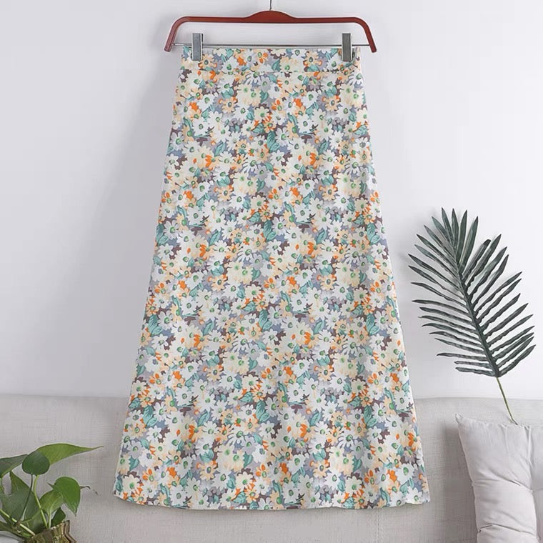New style, small Daisy chiffon print A-line skirt, high waist full skirt, mid-length skirt 3560