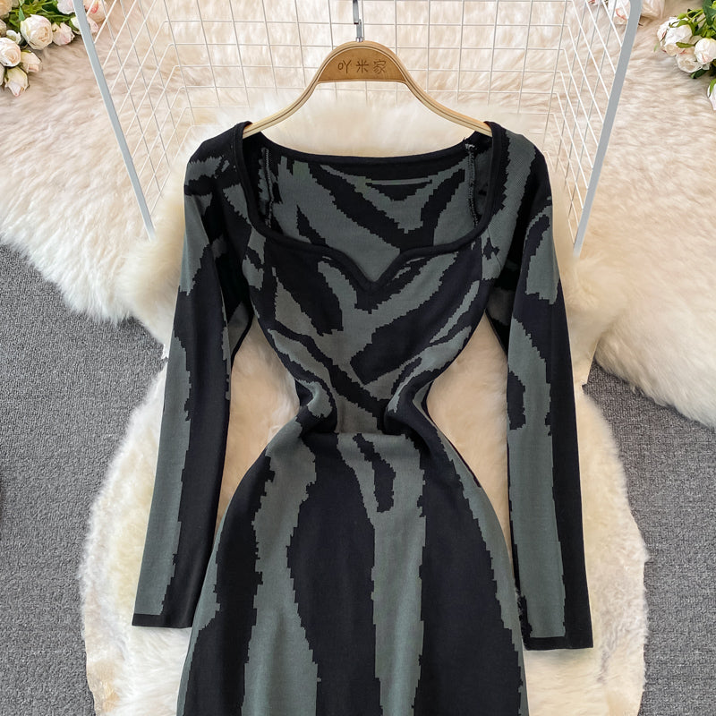 Zebra jacquard knitted square neck dress tight Hip Wrap Skirt 3760