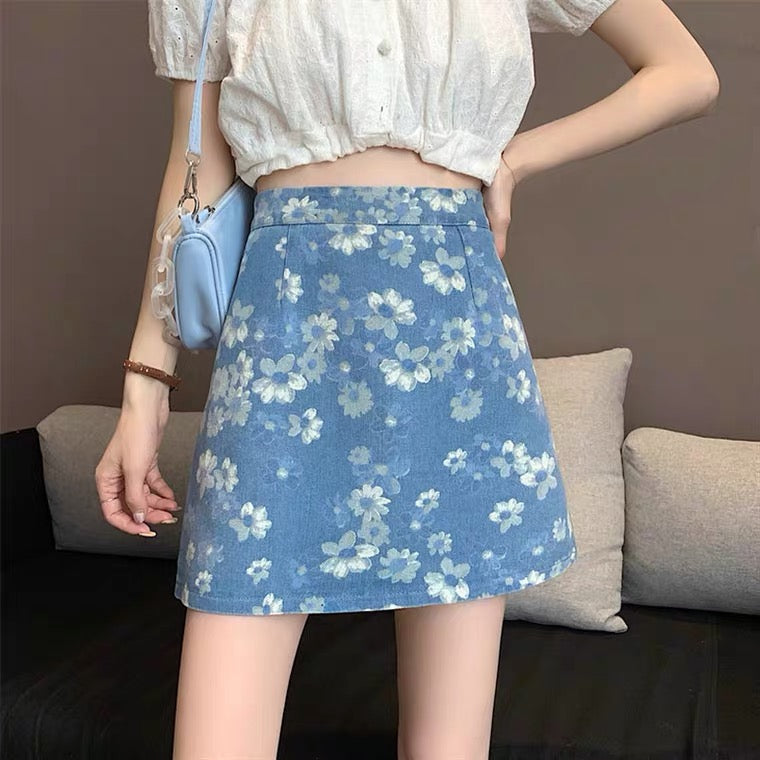 Flower denim skirt, new style, high waist bodycon skirt, A-line skirt 3556