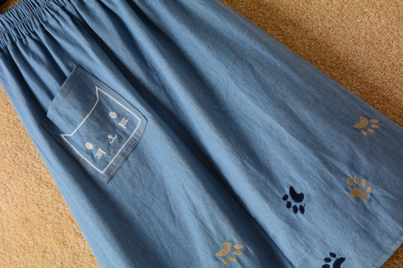 Spring and summer, new ,denim skirt, cute cat embroidery, high waist big swing mid-length skirt, A-line skirt 3611