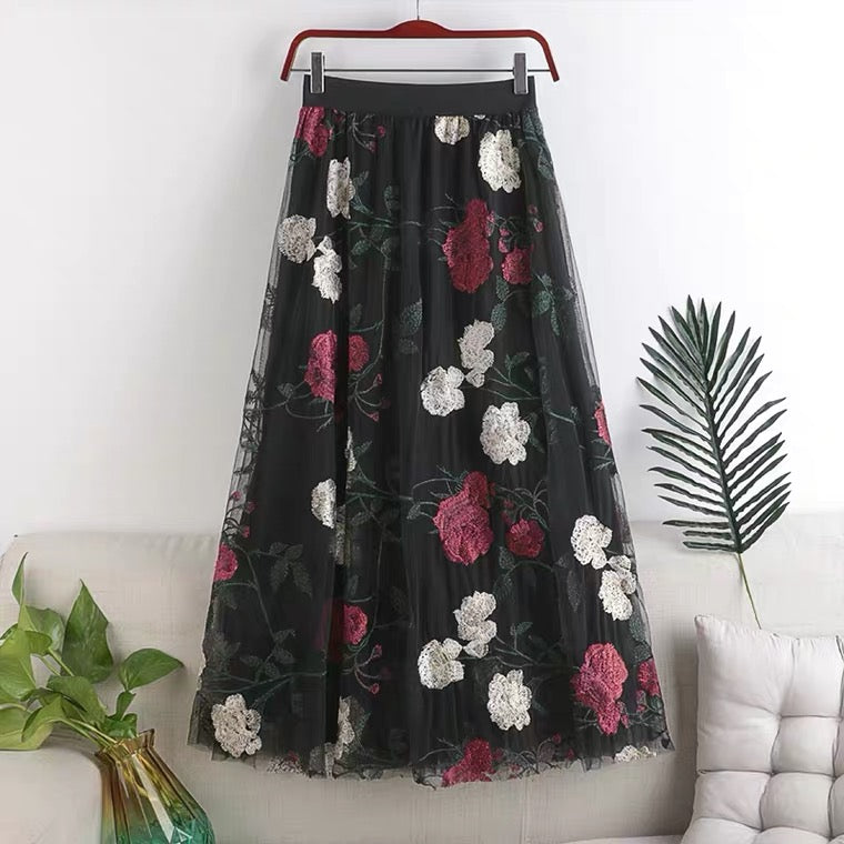 Embroidered large flowers, stylish, sweet mesh midi fairy skirt 3632