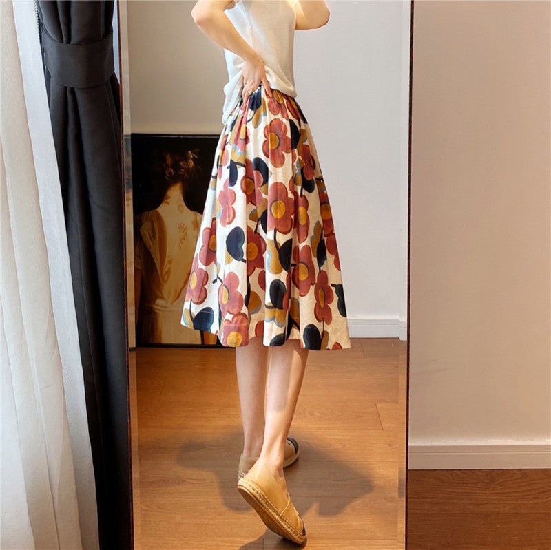 New spring/summer, bright, comfortable cotton, A-line printed skirt 3566