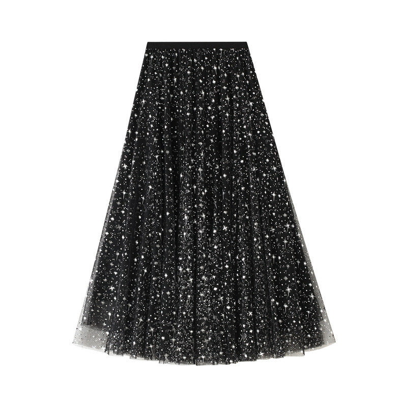 New style, starry sky skirt, fairy A line bouffant long skirt, sequined star tulle skirt 3590