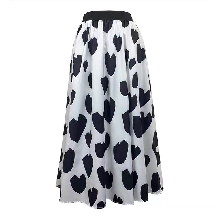 Sweet wind, heart print mid-length skirt, high waist thin A-line skirt 3595