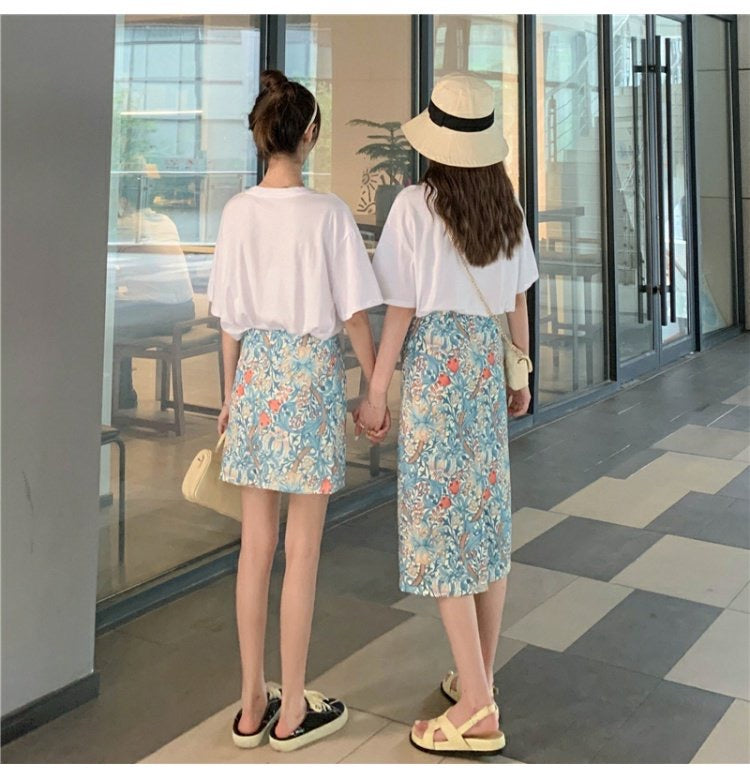 Oil painting broken flower skirt, summer, thin bodycon skirt,high waist midi skirt 3555