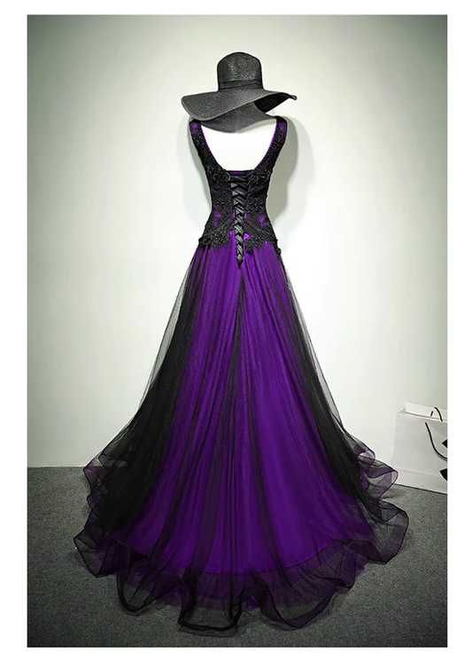 Gothic Tulle Long Prom Dress Purple and Black Formal Womens Dresses