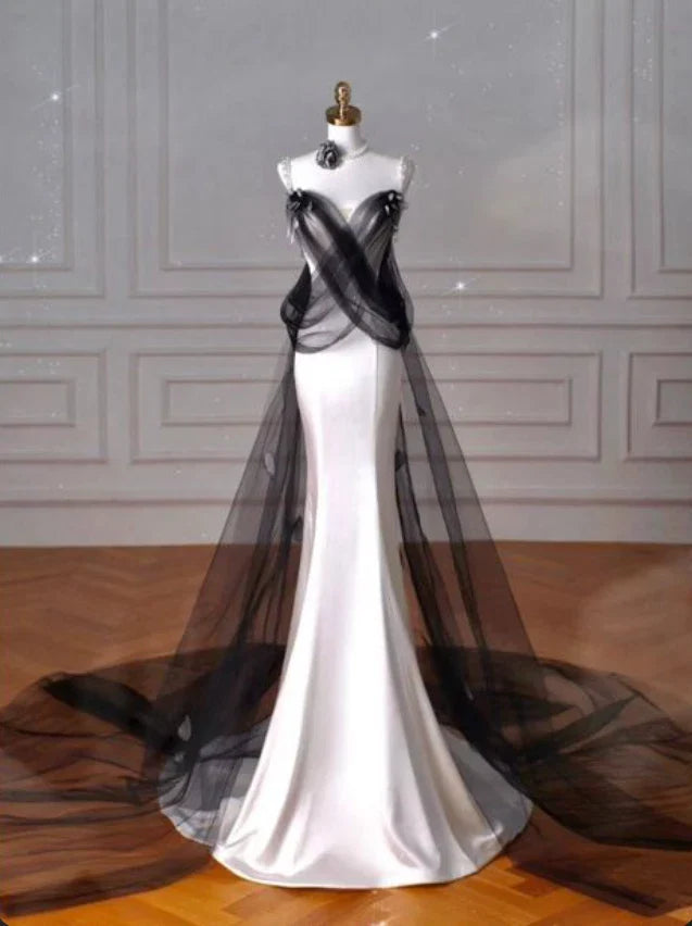 Girlhomeshops-White simple and fashionable satin long dress, black tulle dress, long mermaid floor-length dress with train gh5387
