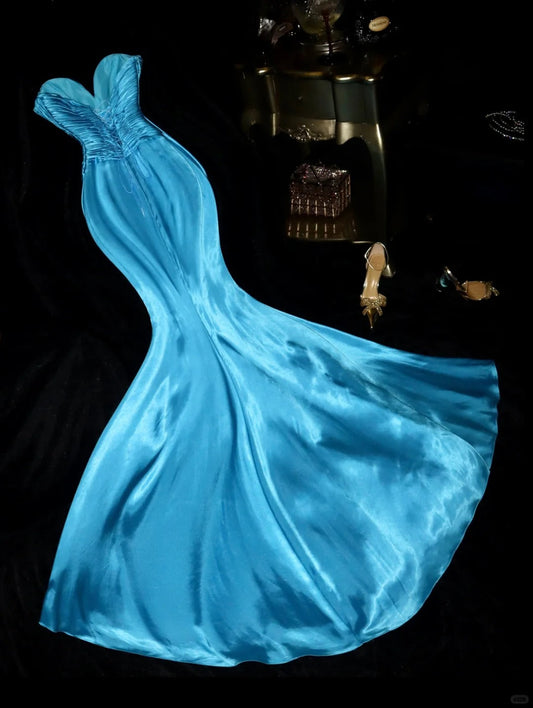 Blue gorgeous rhinestone long satin ball gown evening dress party dress birthday dress gh4457