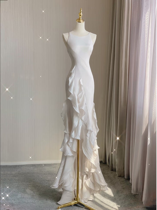 Sexy Mermaid Scoop Satin Night Party Dress White Long Wedding Guest Dresses
