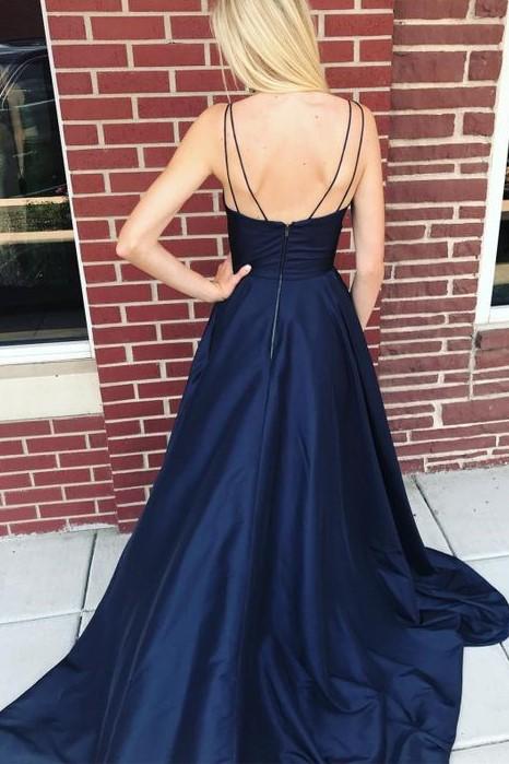Navy Blue Satin Prom Gowns with Pockets Side Split Evening Dresses