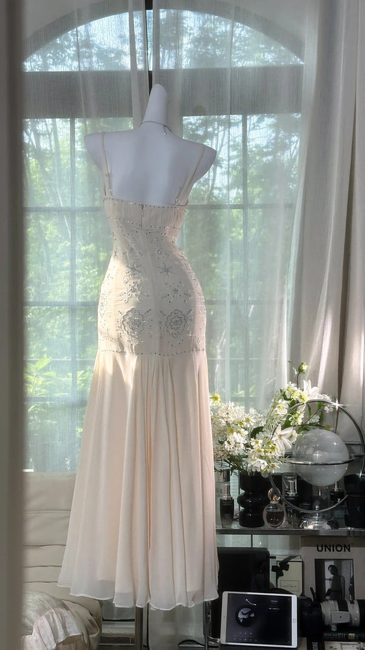 Girlhomeshops-White beaded elegant spaghetti strap long chiffon Prom Dress evening dress party dress date dress gh5082