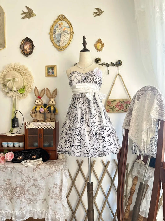 Girlhomeshops-Black and white floral vintage short chiffon homecoming dress birthday dress gh5206