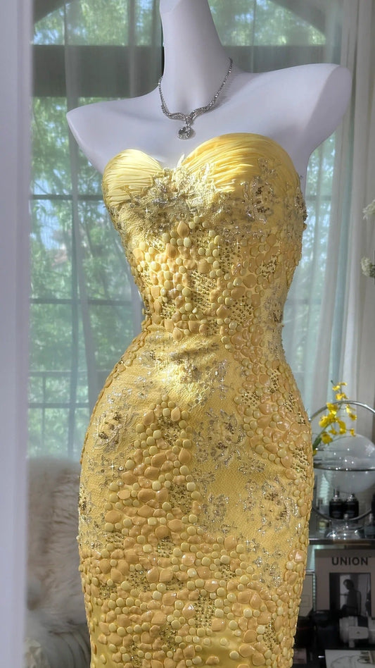 Yellow Elegant Vintage Solid Color Exquisite Yellow Beads Short Chiffon Tulle Homecoming Dress Prom Dress Evening Dress Birthday Party Dress Prom Dress gh3949