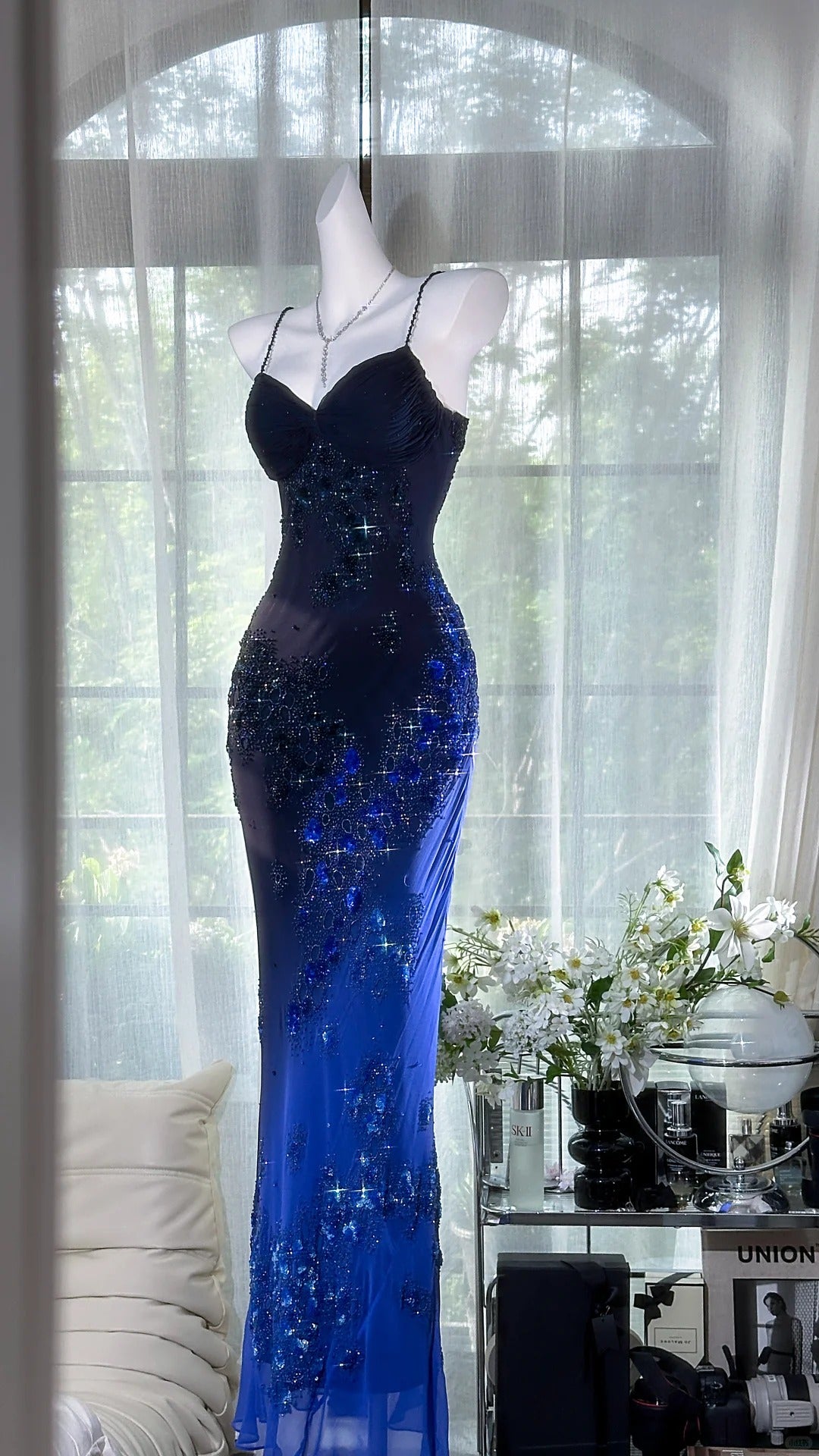 Girlhomeshops-Dark Blue Floral Beaded Elegant Spaghetti Strap Long Chiffon Prom Dress Evening Dress Party Dress Date Dress gh5083