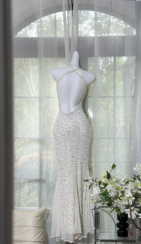 girlhomeshops-White Halter Neck Open - Back Sequined Mermaid Long Evening Dress gh5817