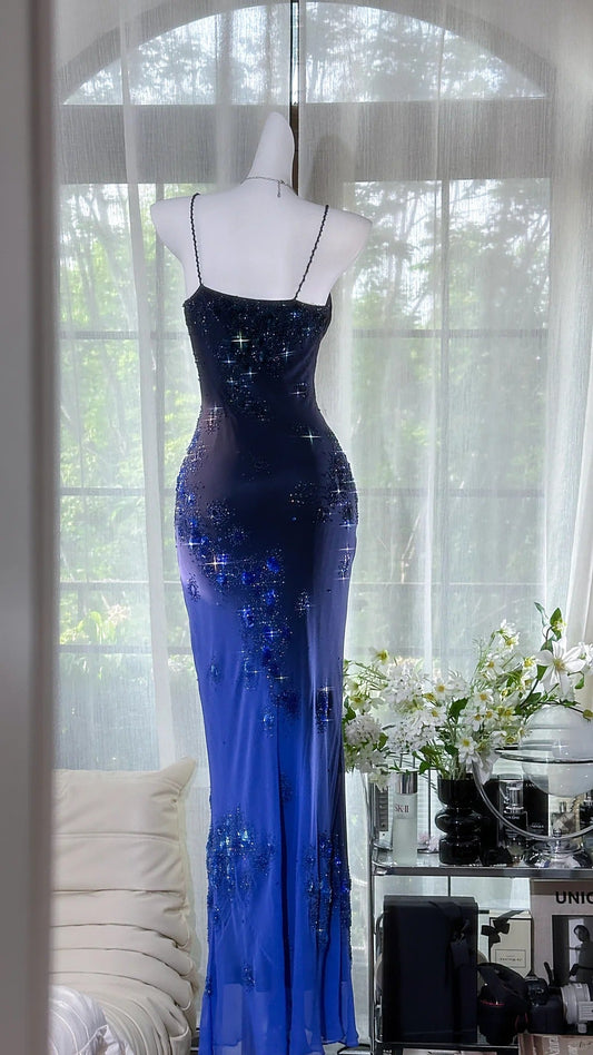 Girlhomeshops-Dark Blue Floral Beaded Elegant Spaghetti Strap Long Chiffon Prom Dress Evening Dress Party Dress Date Dress gh5083
