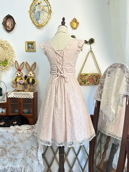 Girlhomeshops-Pink lace bow floral vintage short chiffon homecoming dress birthday dress gh5207