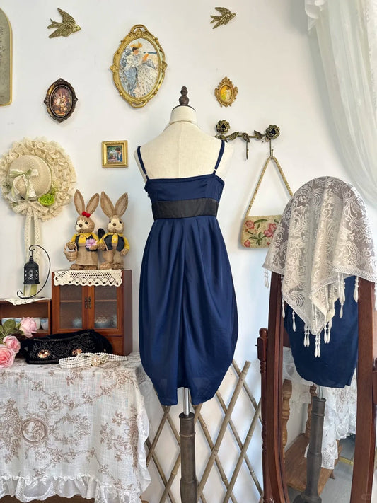 Girlhomeshops-Navy blue bow vintage short satin homecoming dress birthday dress gh5221