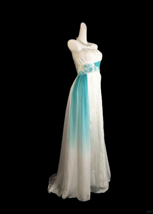 White Blue Floral Long Tulle Elegant Formal Prom Dress Evening Dress Party Dress Bridesmaid Dresses gh4289